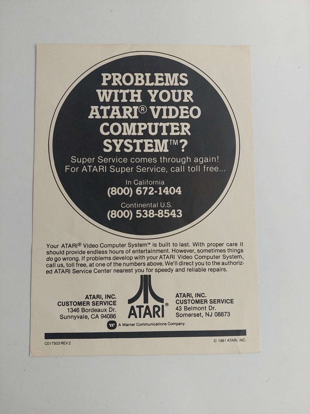 Vintage 1981 Atari Problems with Your Atari Video Computer System? Insert