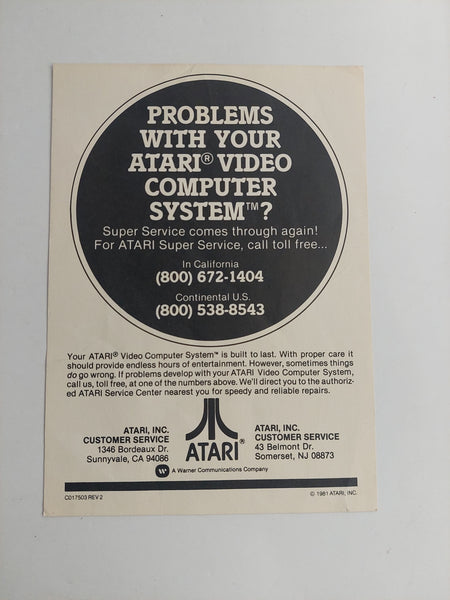 Vintage 1981 Atari Problems with Your Atari Video Computer System? Insert