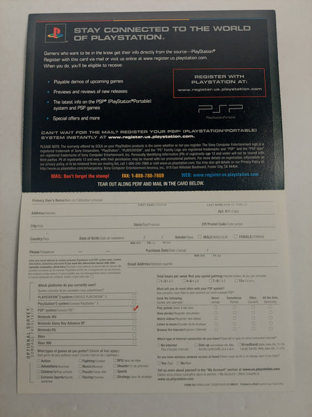 Sony PlayStation Portable PSP Registration Card