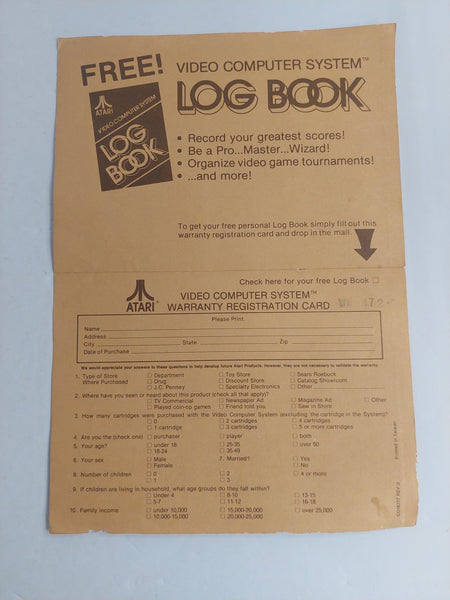 Vintage Atari Video Computer System Warranty Registration Card