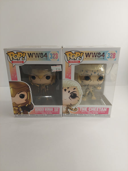 Funko Pop DC Wonder Woman 84 Golden Armor 323 and The Cheetah 328 Lot
