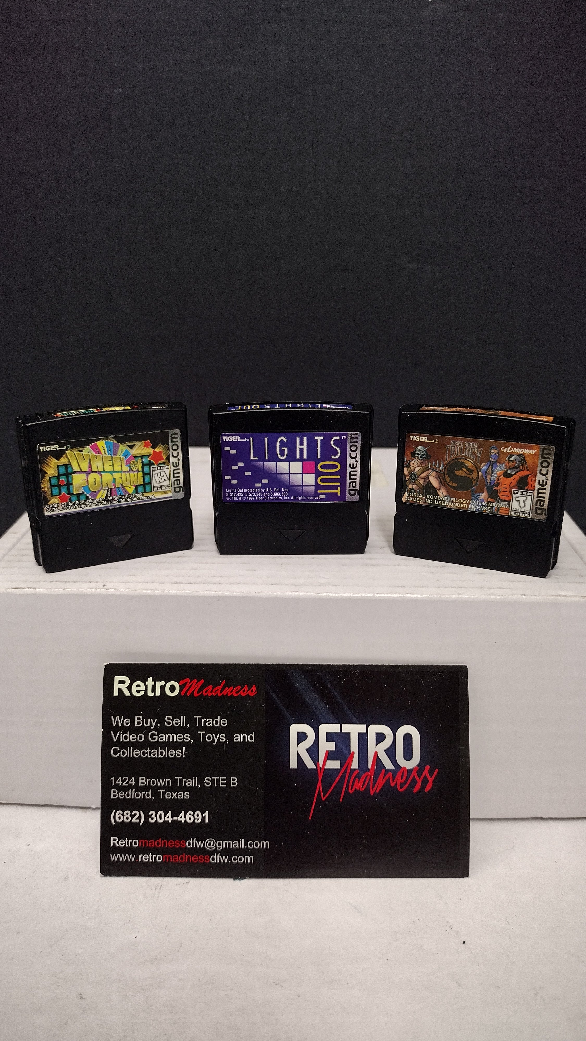 Vintage 1997 Tiger Electronics Game.com 3-Game Cartridge Lot (Mortal Kombat Trilogy, Lights Out, & Wheel of Fortune) - Tested & Working