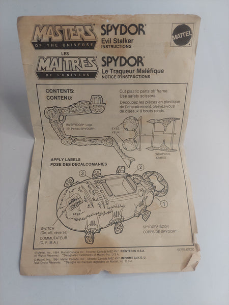 Vintage 1984 Masters of the Universe Spydor Instructions